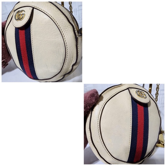 Authentic GUCCI Textured Calfskin Web Mini Ophidia Round Shoulder Bag Mystic Whi - Picture 7 of 16